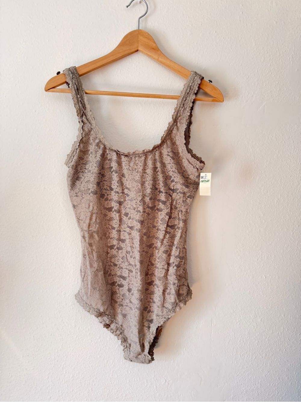 aerie Soft Grey Lace Scoop Neck Bodysuit